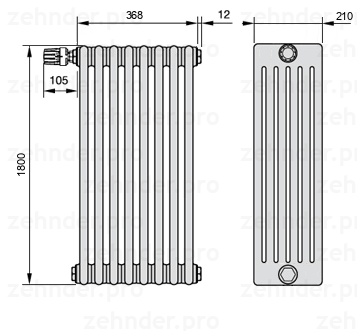Схема (чертеж) Радиатор Zehnder Charleston 6180/8 №V011 Белый глянцевый RAL 9016